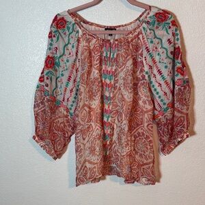 Anthropologie Tolani Boho Mixed Media Embroidered Top Size Large